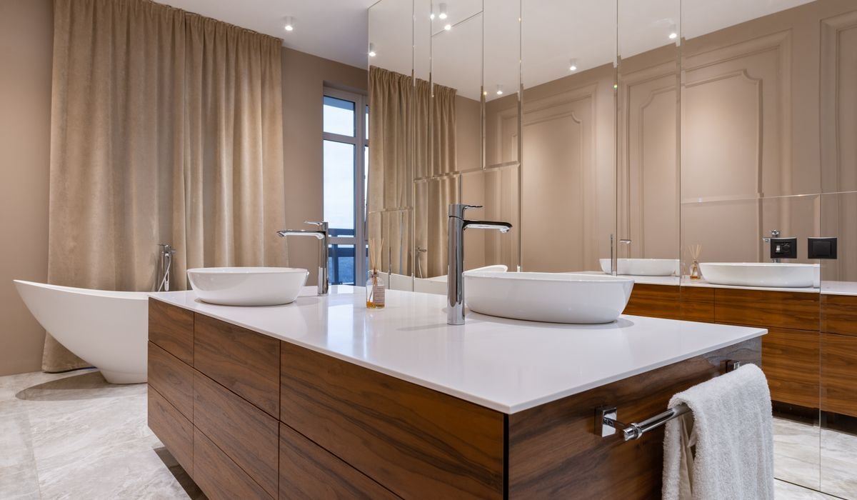 Modern bathroom with a double vanity and large-format tile
