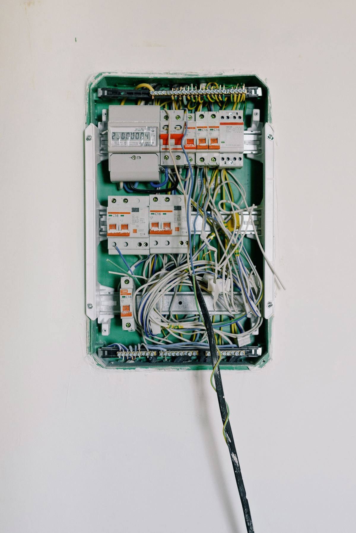 Switchboard with wires connected to circuit breakers