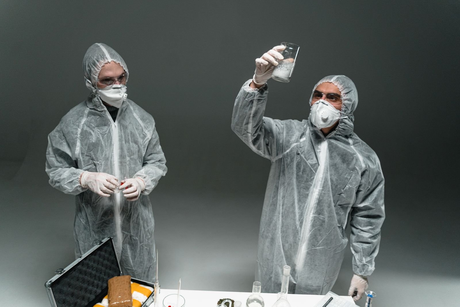 Worker in protective coveralls and respirator
