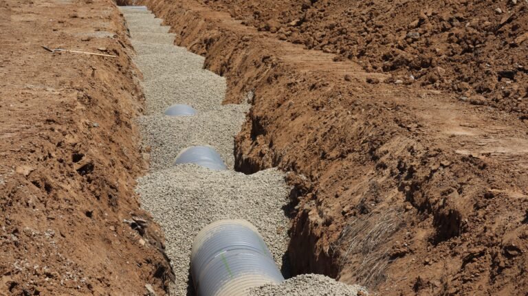 An open drainage trench lined with gravel and perforated pipe alongside a house